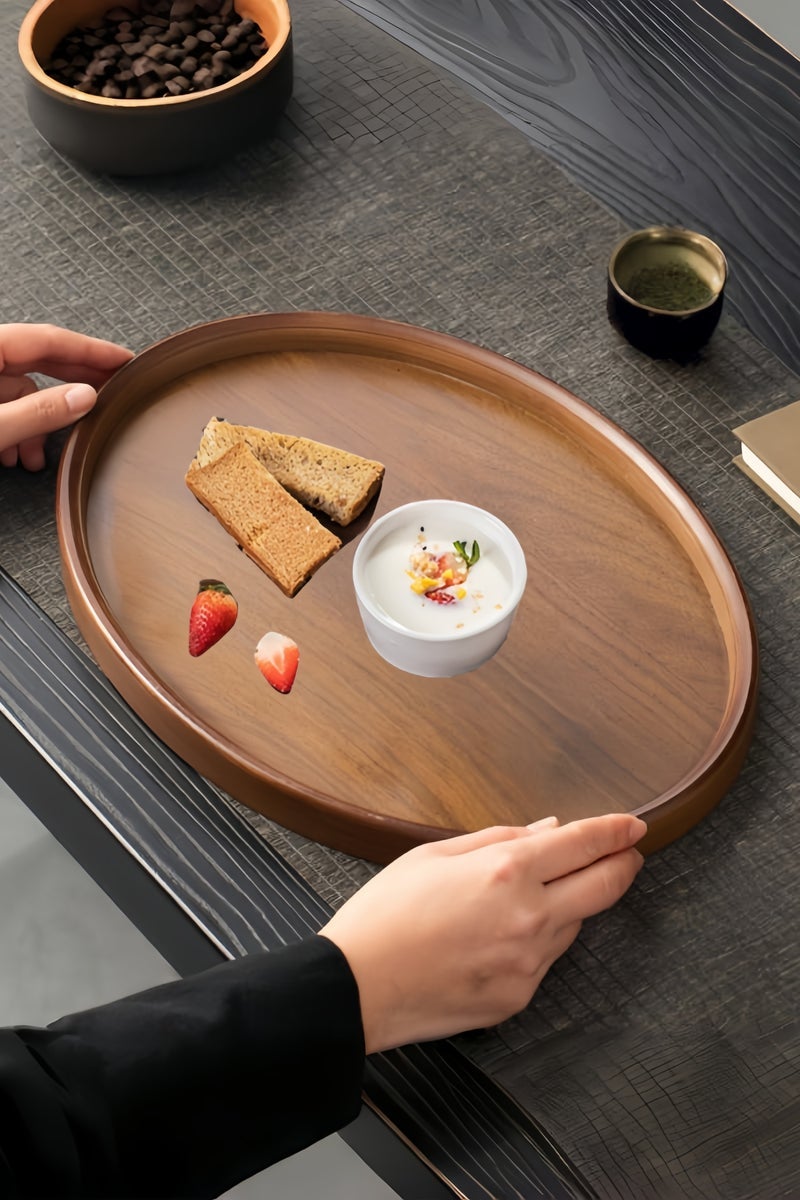 nihao 2 Pcs Extra Large Oval Black Walnut Wood Tray Set, Serve Tea, Coffee, Classic Circular Wooden Decorative Serving Tray with Raised Edges(Black Walnut-36*25.5*2.3cm+44.5*31*2.3cm) - Image 3
