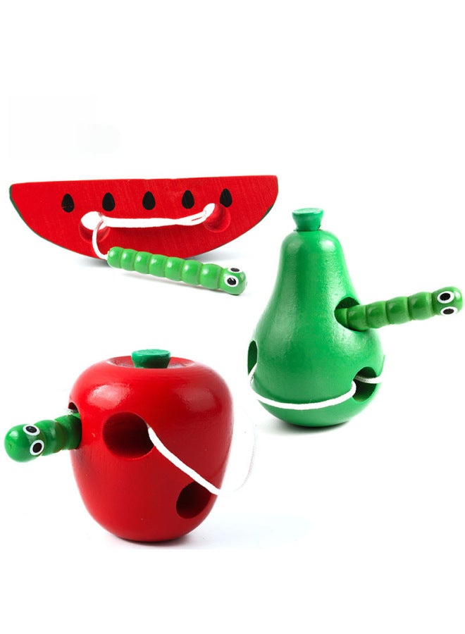 Wooden Toy For Toddlers Caterpillar Eating Fruit Pear Watermelon Threading Toys Educational Tools For Children-Color:Upgraded Combination Model - Image 2