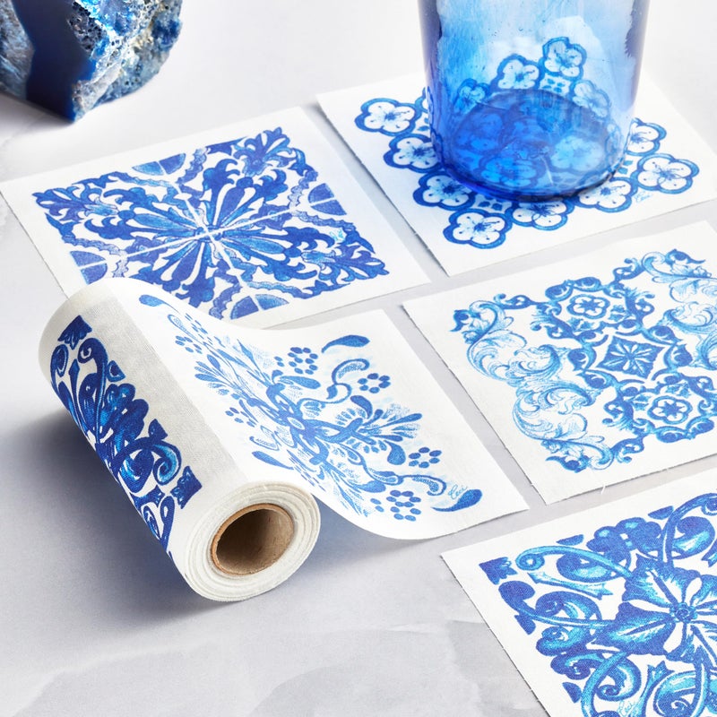 MY DRAP مناديل كوكتيل قطنية من CECI X MY DRAP بتصميم بلاط البحر الأبيض المتوسط، للاستخدام مرة واحدة أو قابلة لإعادة الاستخدام (4.5" × 4.5" - 50 وحدة لكل لفة) - Image 1