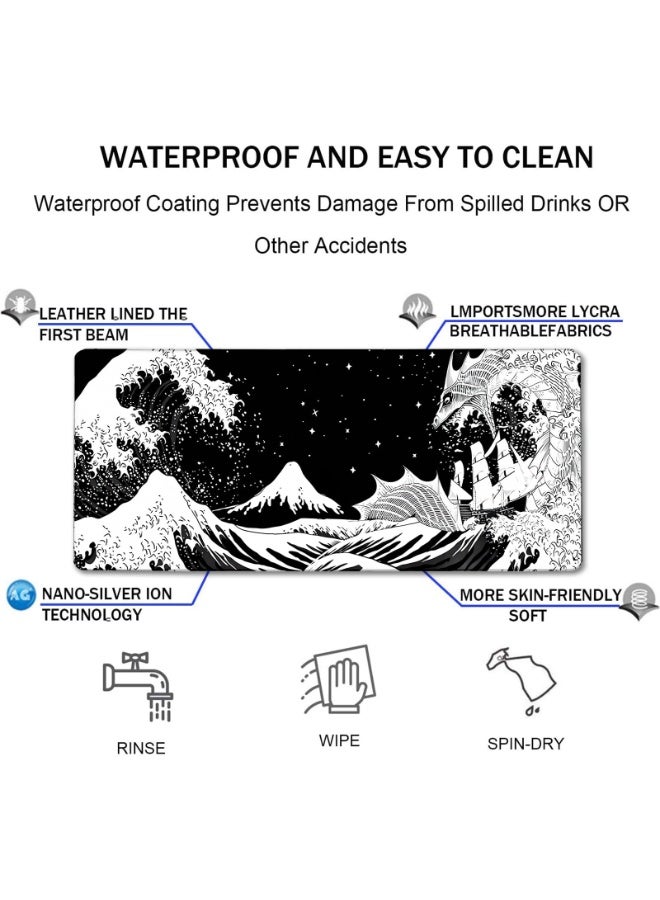 Black and White Gaming Mouse Pad Japanese Waves Sea Dragon Abstract Mouse Pad Black 80x30cm Sea Wave Texture Non-Slip Rubber Base Mouse Pad - Image 4