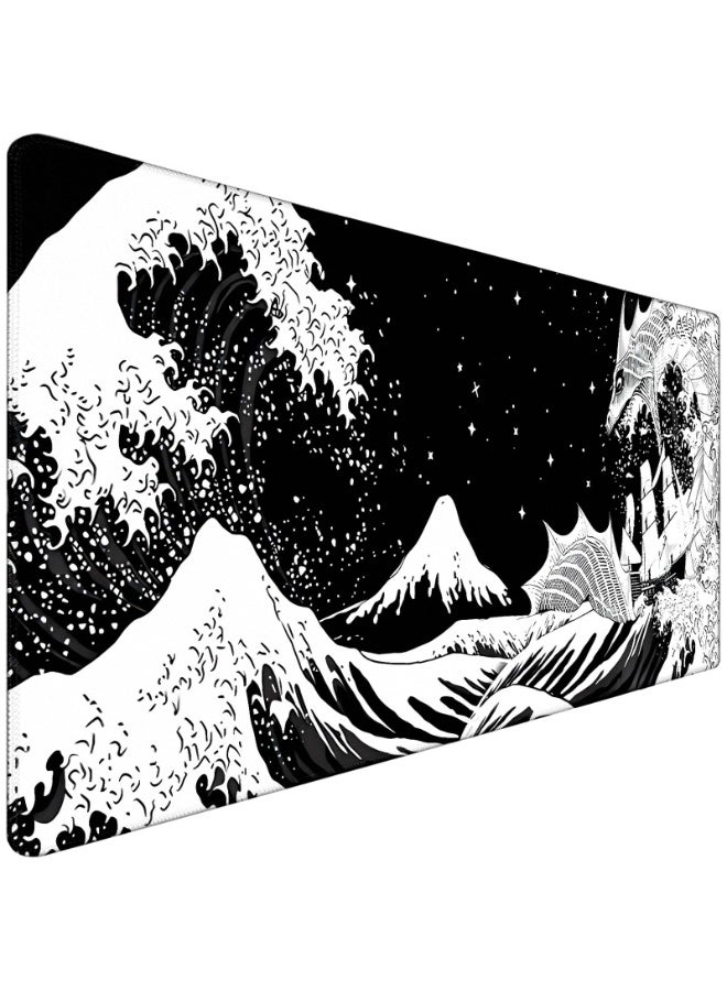 Black and White Gaming Mouse Pad Japanese Waves Sea Dragon Abstract Mouse Pad Black 80x30cm Sea Wave Texture Non-Slip Rubber Base Mouse Pad - Image 1