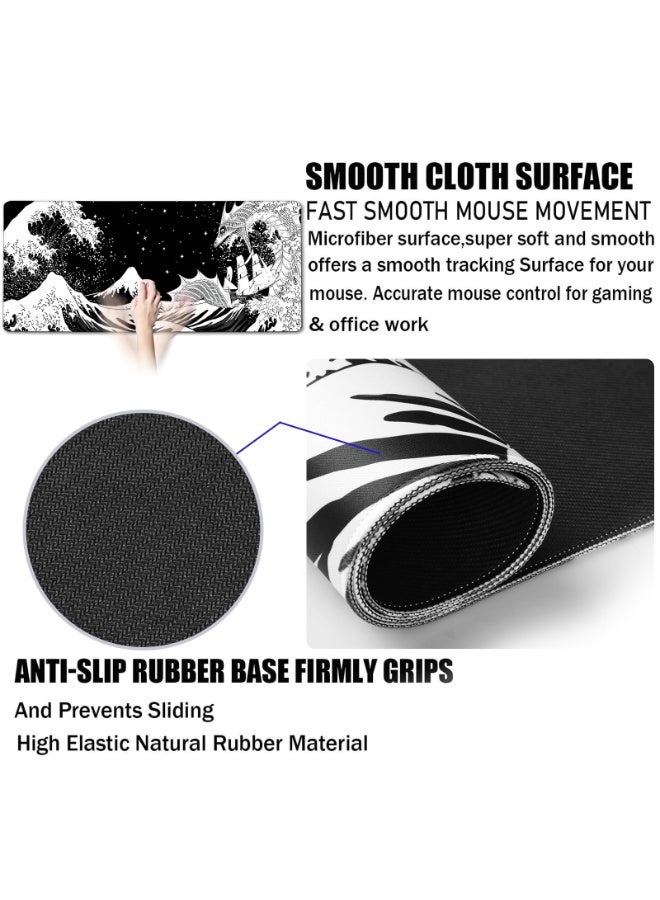 Black and White Gaming Mouse Pad Japanese Waves Sea Dragon Abstract Mouse Pad Black 80x30cm Sea Wave Texture Non-Slip Rubber Base Mouse Pad - Image 3