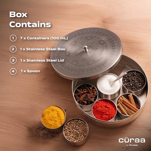 CÜRAA Stainless Steel Masala Dani | By Chef Sanjyot Keer | Masala Box for Kitchen with Spoon (Pure Steel, 7 Detachable containers, 100 ML) | Spice Storage Container | Spice Box for Kitchen Gift - Image 4