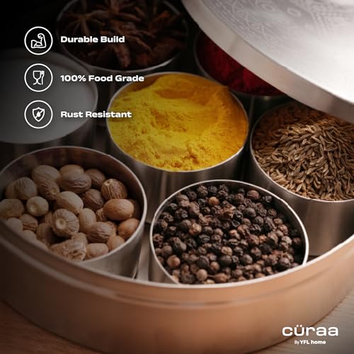 CÜRAA Stainless Steel Masala Dani | By Chef Sanjyot Keer | Masala Box for Kitchen with Spoon (Pure Steel, 7 Detachable containers, 100 ML) | Spice Storage Container | Spice Box for Kitchen Gift - Image 2