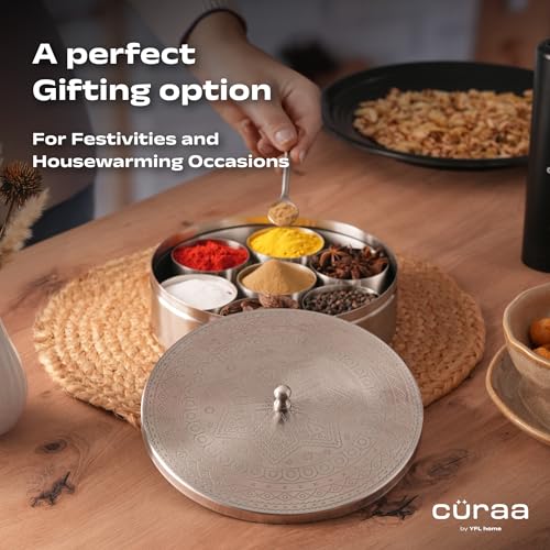 CÜRAA Stainless Steel Masala Dani | By Chef Sanjyot Keer | Masala Box for Kitchen with Spoon (Pure Steel, 7 Detachable containers, 100 ML) | Spice Storage Container | Spice Box for Kitchen Gift - Image 3