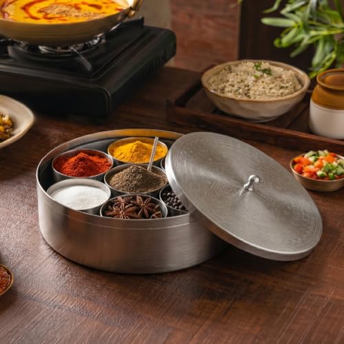 CÜRAA Stainless Steel Masala Dani | By Chef Sanjyot Keer | Masala Box for Kitchen with Spoon (Pure Steel, 7 Detachable containers, 100 ML) | Spice Storage Container | Spice Box for Kitchen Gift - Image 1