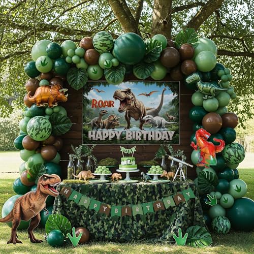 kozee Dinosaur Birthday Party Decorations with Dinosaur backdrop Hunter Green brown balloon arch  Small dino Foil balloons  birthday Banners for Kids Jungle ROAR ThreeREX Wild one theme Party Supplies - Image 1