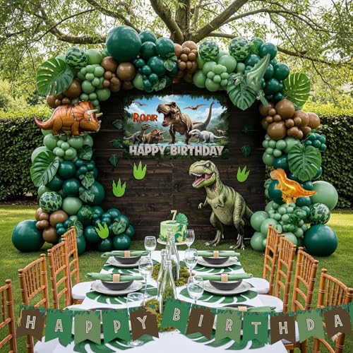 kozee Dinosaur Birthday Party Decorations with Dinosaur backdrop Hunter Green brown balloon arch  Small dino Foil balloons  birthday Banners for Kids Jungle ROAR ThreeREX Wild one theme Party Supplies - Image 5