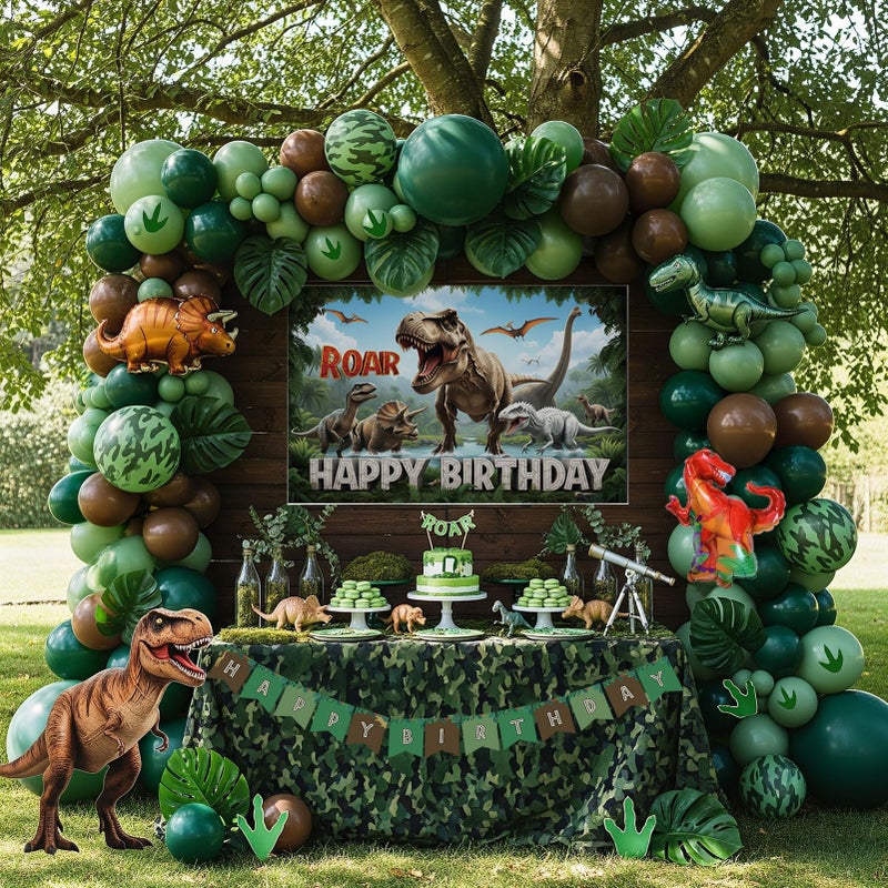 kozee Dinosaur Birthday Party Decorations with Dinosaur backdrop Hunter Green brown balloon arch  Small dino Foil balloons  birthday Banners for Kids Jungle ROAR ThreeREX Wild one theme Party Supplies - Image 3