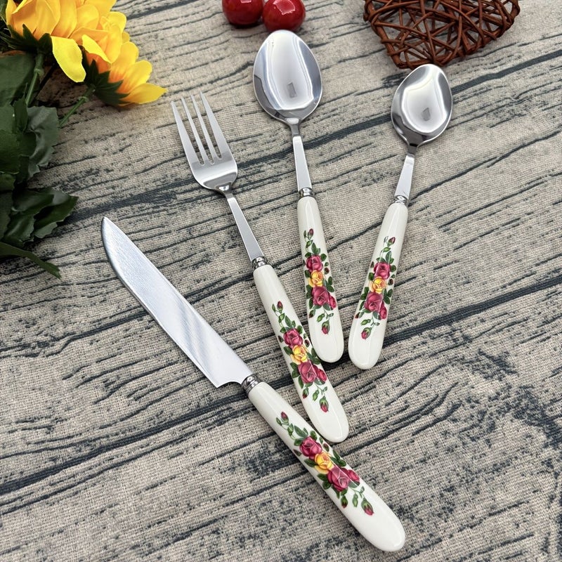Floral Printed Ceramic Handle 4pcs Stainless Steel Cutlery Set Includes Dinner Fork Spoon And Small Spoon For Daily Use Family Gatherings Hotels Restaurants 410 Stainless Steel Polished End - Image 1