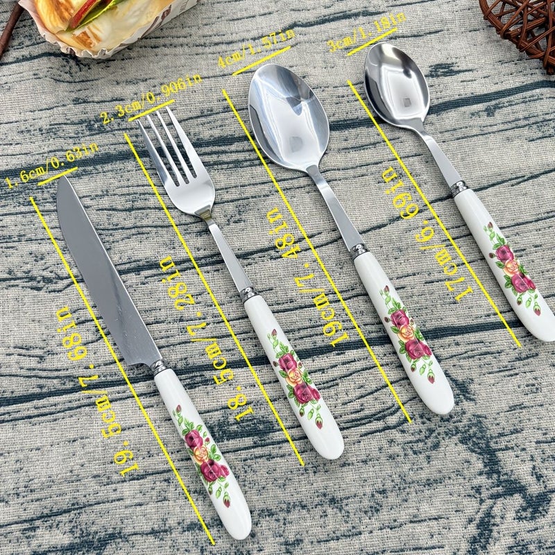 Floral Printed Ceramic Handle 4pcs Stainless Steel Cutlery Set Includes Dinner Fork Spoon And Small Spoon For Daily Use Family Gatherings Hotels Restaurants 410 Stainless Steel Polished End - Image 3