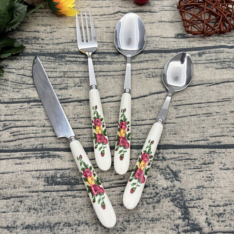 Floral Printed Ceramic Handle 4pcs Stainless Steel Cutlery Set Includes Dinner Fork Spoon And Small Spoon For Daily Use Family Gatherings Hotels Restaurants 410 Stainless Steel Polished End - Image 2