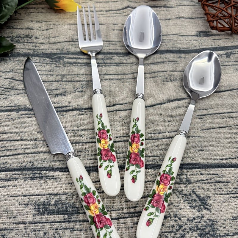Floral Printed Ceramic Handle 4pcs Stainless Steel Cutlery Set Includes Dinner Fork Spoon And Small Spoon For Daily Use Family Gatherings Hotels Restaurants 410 Stainless Steel Polished End - Image 5
