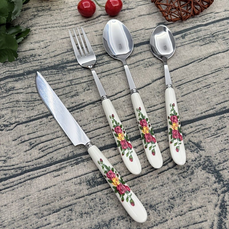 Floral Printed Ceramic Handle 4pcs Stainless Steel Cutlery Set Includes Dinner Fork Spoon And Small Spoon For Daily Use Family Gatherings Hotels Restaurants 410 Stainless Steel Polished End - Image 4