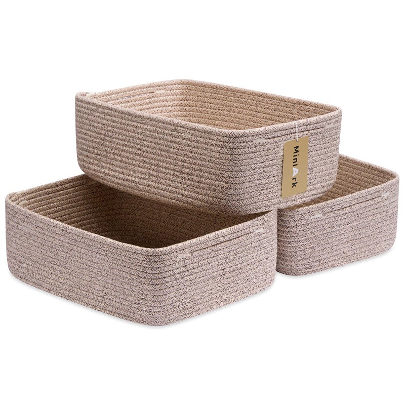 MiniArk Large Shallow Organizing Baskets 15x11x5.1 Inches - Rope Woven Storage Bins for Bathroom, Shelves, Cube Closet, Mixed Brown 3 Packs - Image 1