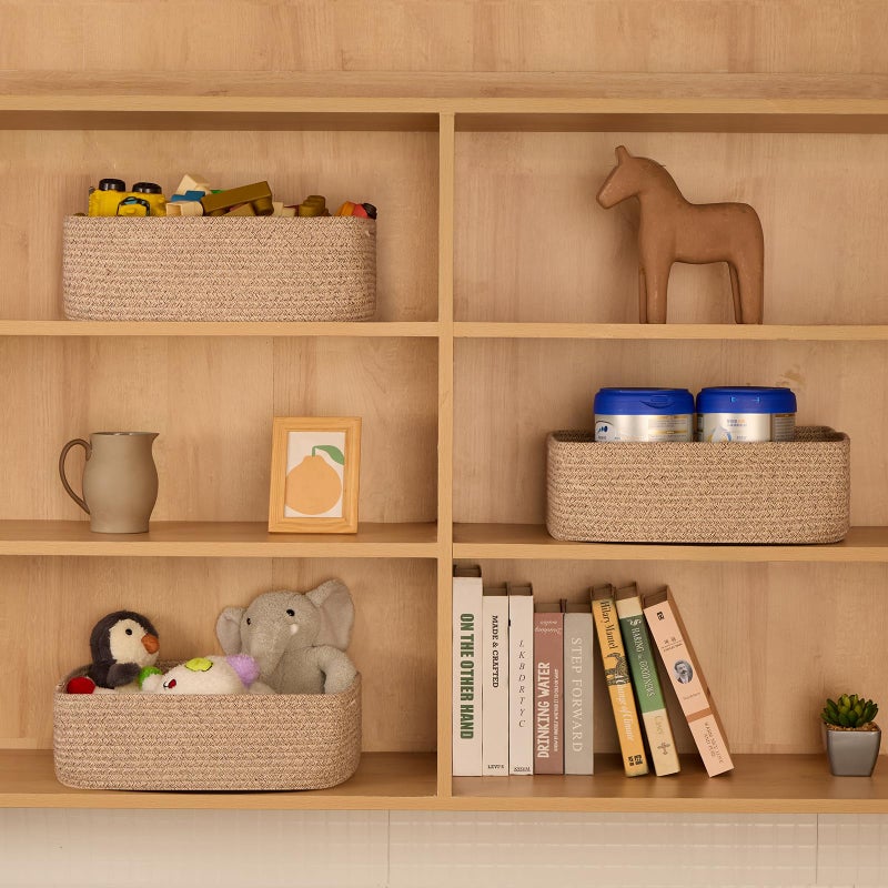 MiniArk Large Shallow Organizing Baskets 15x11x5.1 Inches - Rope Woven Storage Bins for Bathroom, Shelves, Cube Closet, Mixed Brown 3 Packs - Image 3