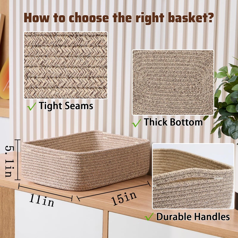 MiniArk Large Shallow Organizing Baskets 15x11x5.1 Inches - Rope Woven Storage Bins for Bathroom, Shelves, Cube Closet, Mixed Brown 3 Packs - Image 2