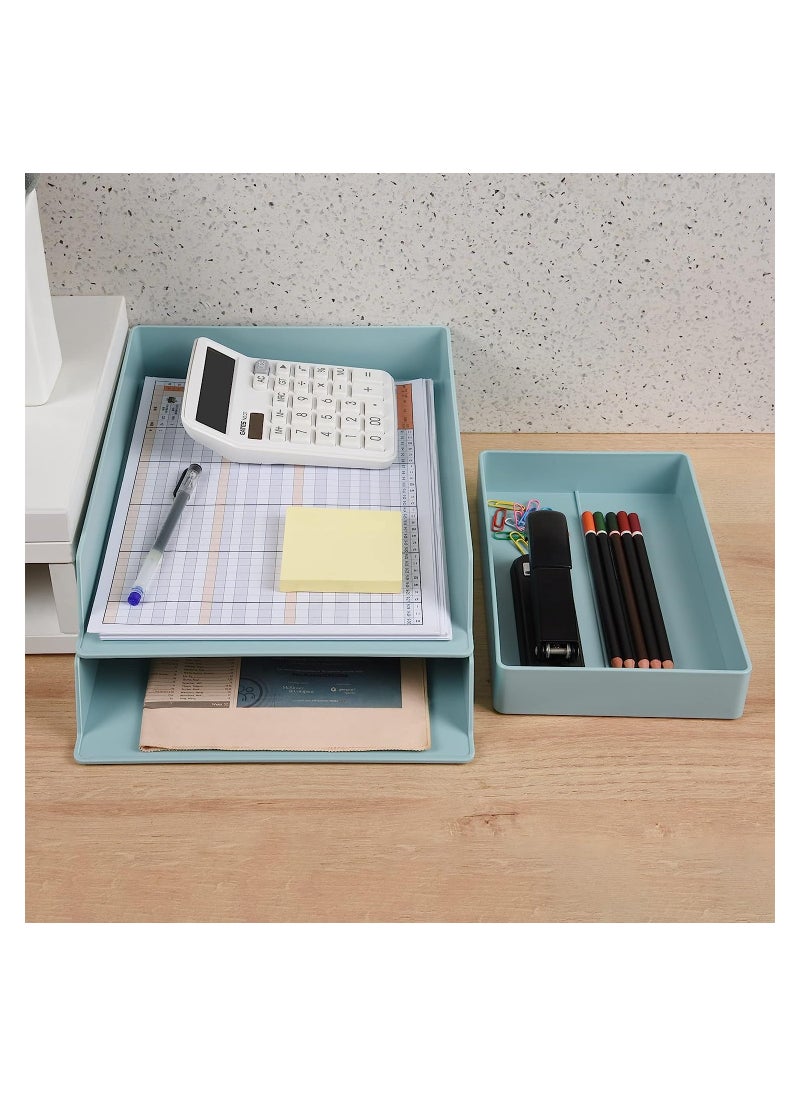 Stackable Desktop Paper Tray Organizer, 3 Tier Letter Tray Vertical Paper File Box, Plastic Tray for A4 Paper Magazine, Receipts, Office Supplies, Blue