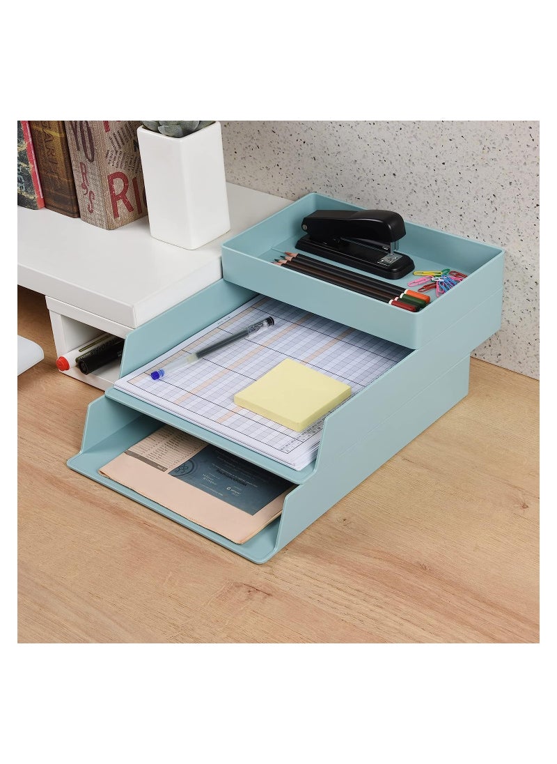 Stackable Desktop Paper Tray Organizer, 3 Tier Letter Tray Vertical Paper File Box, Plastic Tray for A4 Paper Magazine, Receipts, Office Supplies, Blue
