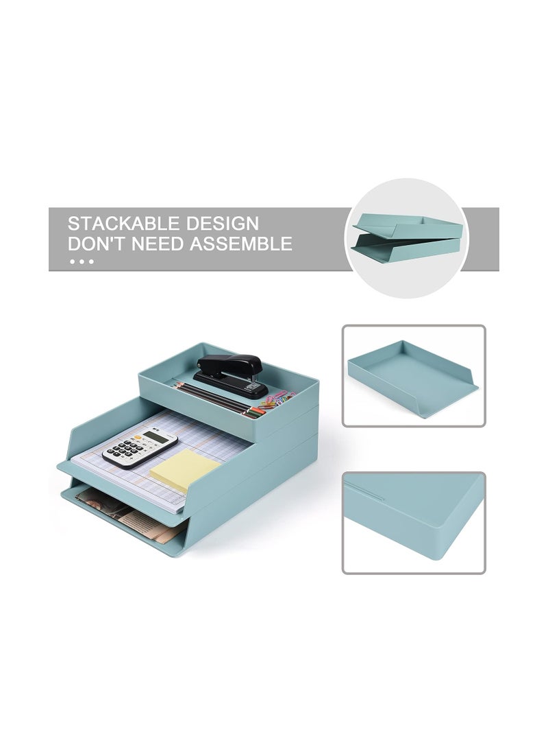 Stackable Desktop Paper Tray Organizer, 3 Tier Letter Tray Vertical Paper File Box, Plastic Tray for A4 Paper Magazine, Receipts, Office Supplies, Blue