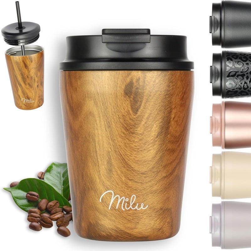 Milu Thermal Mug 300 ml, 400 ml, 500 ml - 100% Leak-Proof - Stainless Steel Coffee Mug to Go Insulated with Straw Keeps Hot for 10 Hours/Cold for 20 Hours, BPA-Free (Wood Look, 300 ml) - Image 1