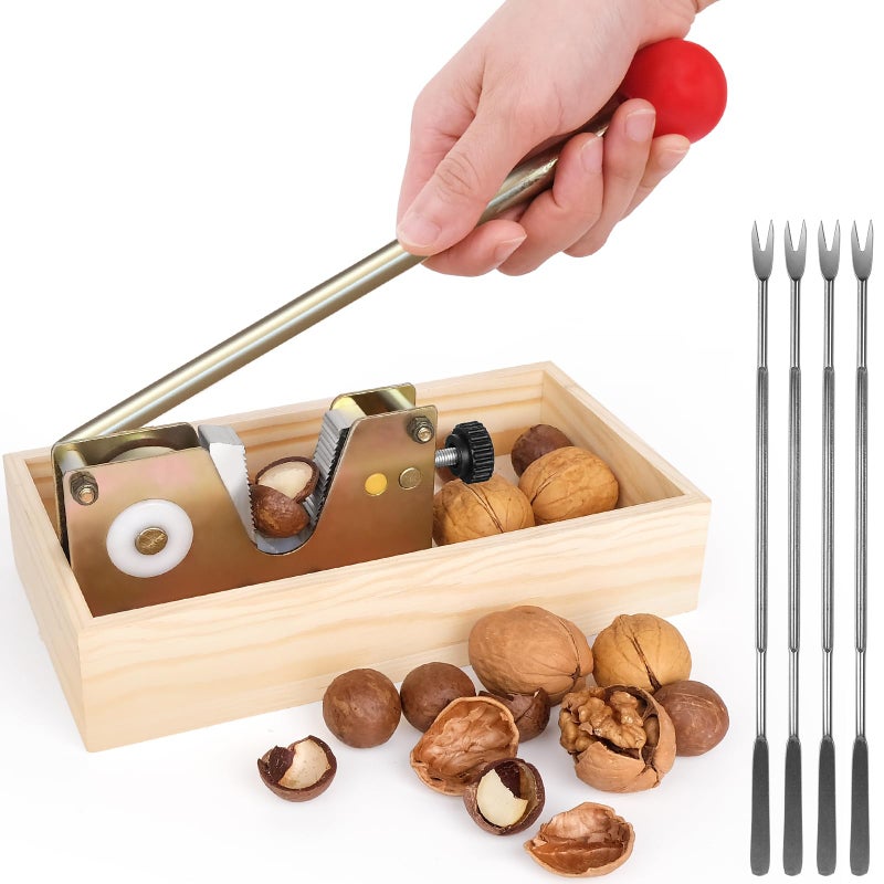 Nut Cracker Heavy Duty Walnut Cracker with Wooden Base Adjustable Nut Tongs Manual Nut Crackers for All Nuts Nut Cracker Tool for Walnut Pecan Macadamia Hazelnuts Chestnut and More4 Picks Included