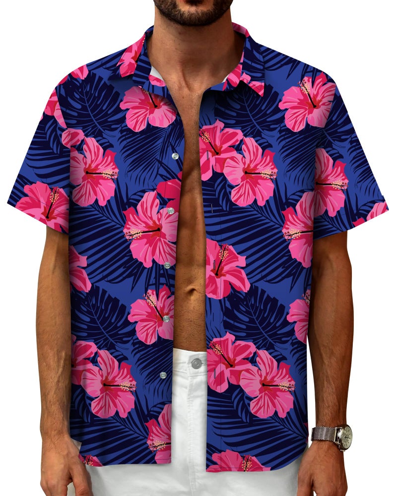 Mizvsitrd Hawaiian Shirt for Men, Tropical Shirts for Mens Summer Button Down Shirt Men Short Sleeve Floral Beach Shirts Cruise Shirt Vacation Outfits, Flower Purple, Large - Image 2