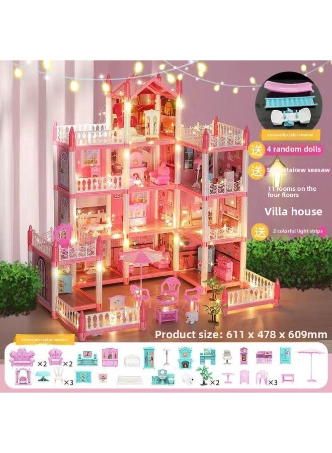 Children's Play Toy Assembled Villa House Princess Castle Doll Toy House Children's Day Birthday Gift-Color:[luxury Princess Pink House] Four Layers, Eleven Rooms, Three Terraces, Slide Stairs, Seesaw, 4 Dolls, 2 Lights  - Image 1