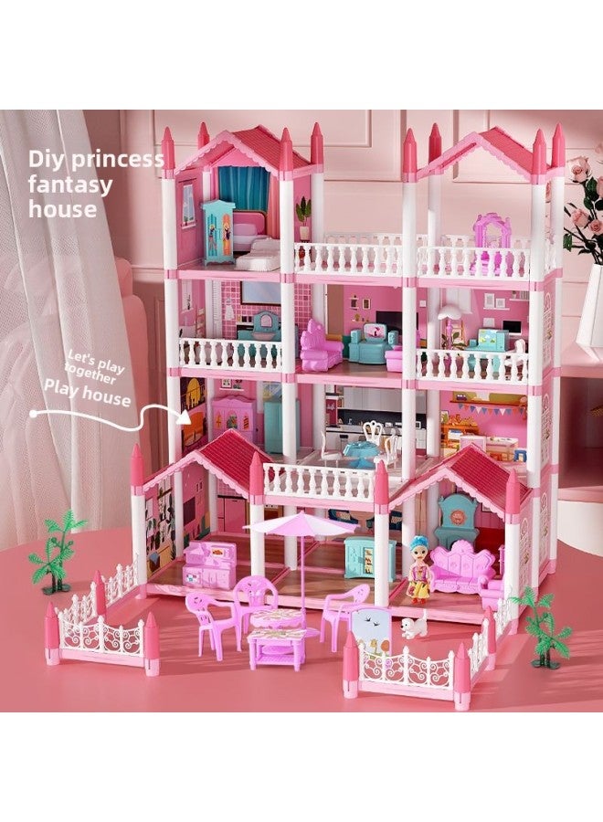 Children's Play Toy Assembled Villa House Princess Castle Doll Toy House Children's Day Birthday Gift-Color:[luxury Princess Pink House] Four Layers, Eleven Rooms, Three Terraces, Slide Stairs, Seesaw, 4 Dolls, 2 Lights  - Image 2