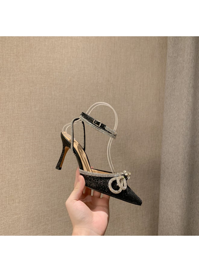 Black Bow High Heels Women's Stiletto Heel  Summer Pointed Toe Fine Glitter Rhinestone Strap Back Hollow Toe Sandals