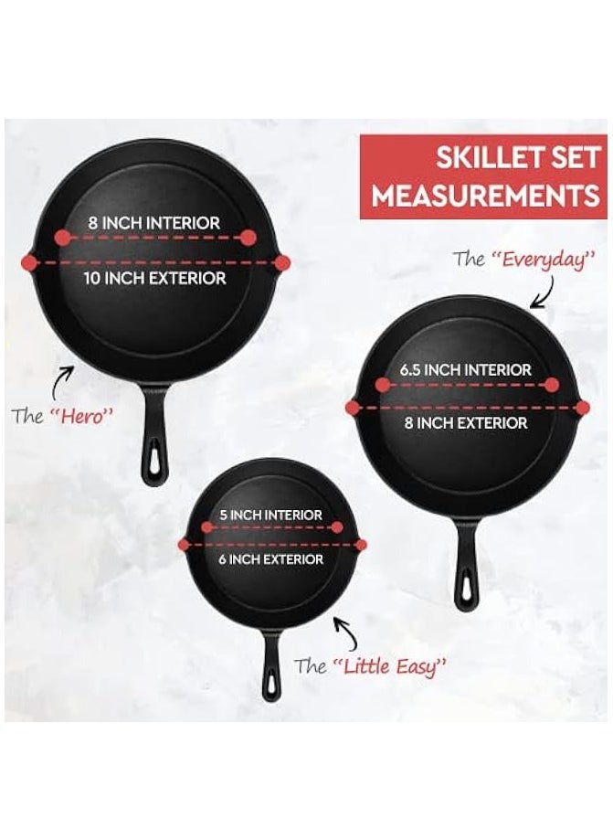 erorex - Cast Iron Skillet 3-Piece Set - Best Heavy-Duty Professional Restaurant Chef Quality Pre-Seasoned Pan Cookware Set - 10", 8", 6" Pans - Image 1
