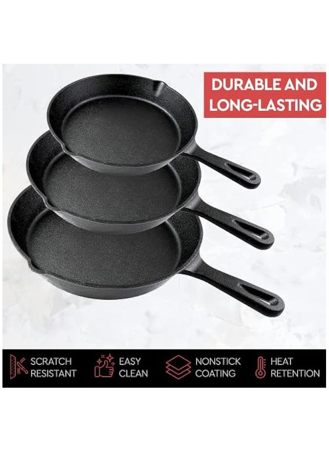 erorex - Cast Iron Skillet 3-Piece Set - Best Heavy-Duty Professional Restaurant Chef Quality Pre-Seasoned Pan Cookware Set - 10", 8", 6" Pans - Image 1