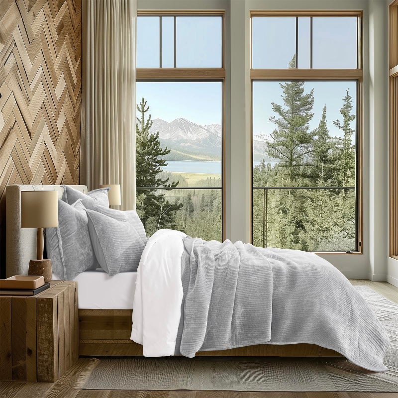 EVERGRACE Velvet Quilt Set King Size, Luxurious Soft Quilted Bedding Sets, Lightweight Velvet Comforter for All Season, Striped Channel Bedspread Coverlet with 2 Shams, Frost Gray - Image 3