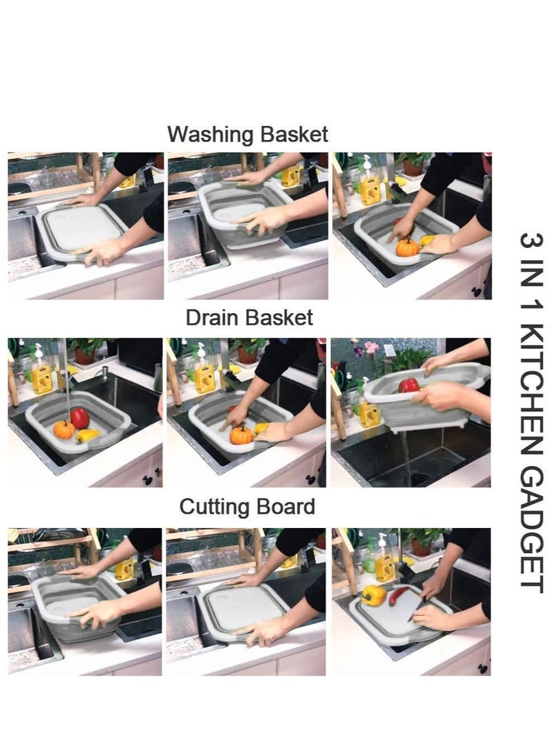 Foldable Multifunction Chopping Board, Collapsible Dish Tub Basin Cutting Board Colander, Vegetable Fruit Wash And Drain Sink Storage Basket, Space Saving For Kitchen Home (Grey) - Image 3