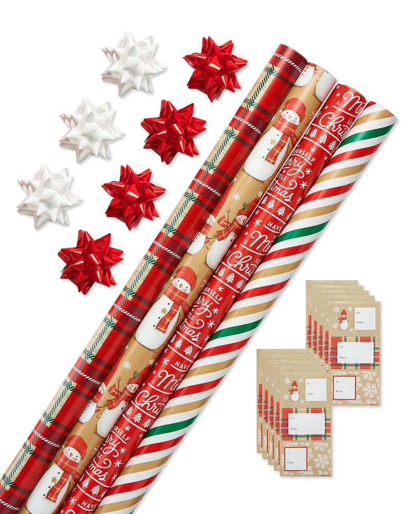 American Greetings 120 sq ft Christmas Wrapping Paper Set Tan Plaid Snowman and Christmas Text 4 Rolls 30 in x 12 ft 7 Bows 30 Gift Tags