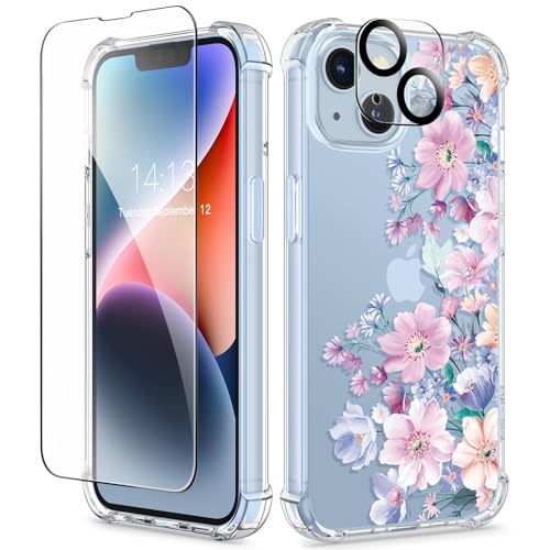GVIEWIN for iPhone 14 Case Floral, with Screen Protector + Camera Lens Protector,[Non Yellowing] Soft Shockproof Clear Phone Protective Cover for Women, Flower Pattern Design 6.1"(Anemone Blooms) - Image 1