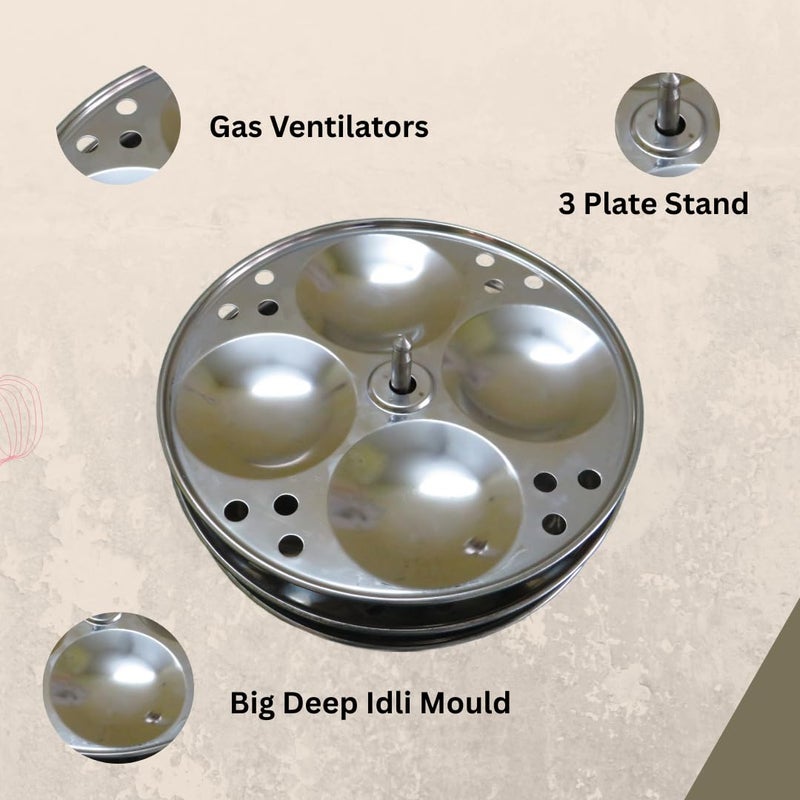 Stainless Steel Idli Maker Stand - 3 Plate, 12 Cavity Idly Rack with Holes for Pressure Cooker, Non-Stick, Heavy Duty Idli Plates for Outer Lid Cookers  - Image 4