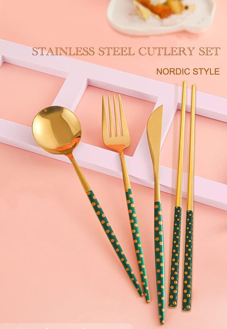 Iktu Premium Gold Plated 304 Stainless Steel Fork Spoon Chopstick Set Flatware Dinnerware Cutlery Tableware Set (Dotted Green) - Image 2