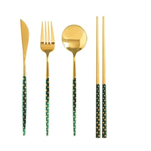 Iktu Premium Gold Plated 304 Stainless Steel Fork Spoon Chopstick Set Flatware Dinnerware Cutlery Tableware Set (Dotted Green) - Image 1