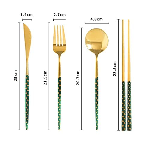 Iktu Premium Gold Plated 304 Stainless Steel Fork Spoon Chopstick Set Flatware Dinnerware Cutlery Tableware Set (Dotted Green) - Image 3