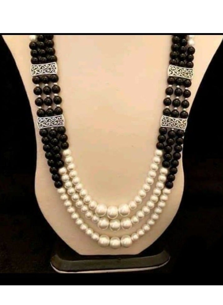 RA accessories Women Necklace Of Off White& Black Pearls Multi Layers  - Image 1
