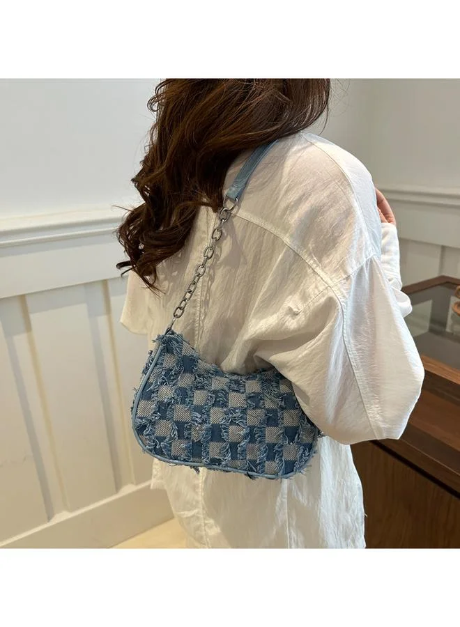 Take Two Blue Checkered Denim Shoulder Bag with Chain Strap