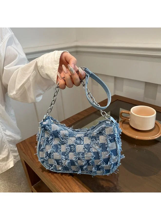 Take Two Blue Checkered Denim Shoulder Bag with Chain Strap