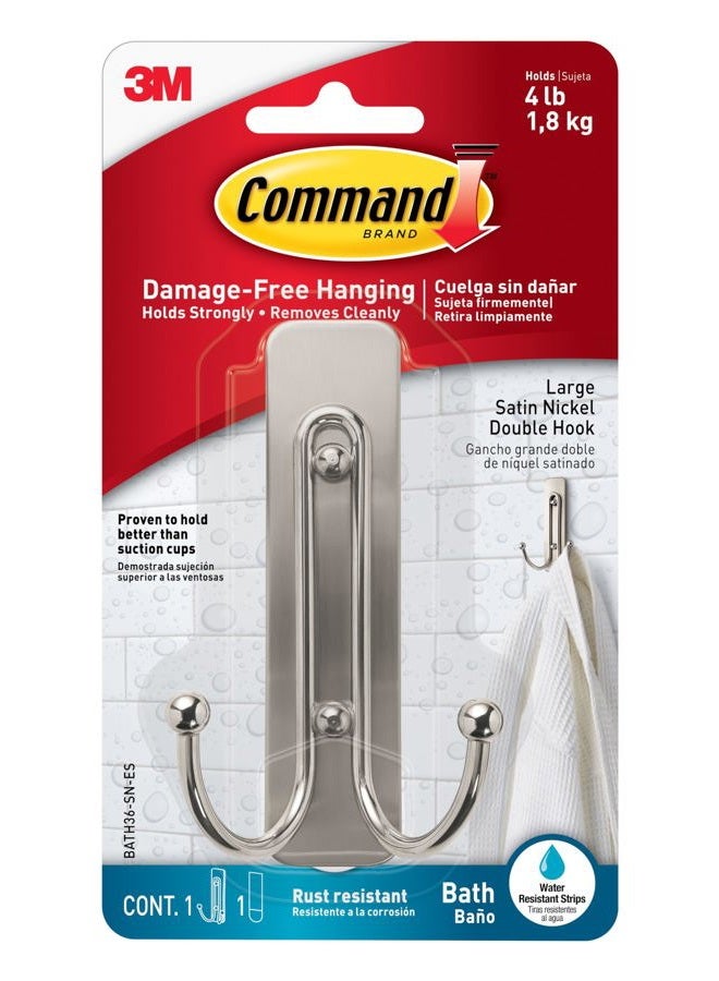 Command Bath Satin Nickel Large Double Hook Silver color, 1 Hook+2 Strips/pack | Holds 1.8kg | Water-Resistant Strips | Organize | Decoration | No Tools | Holds Strongly | Damage-Free Hanging - Image 1