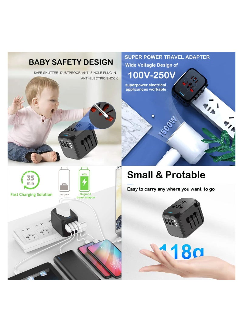 Universal Travel Adapter Plug with 3 USB  1 Type-C Port,Fast Wall Plug Adapter Socket with UK/EU/AU/US Plugs,Multiport Charger Plug Converter - Image 3