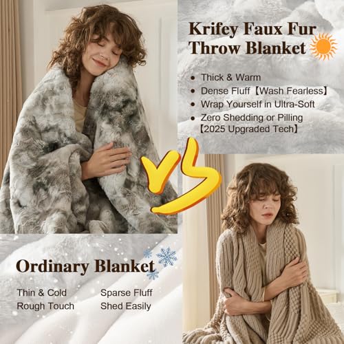 Krifey Oversized Faux Fur Blanket, Super Soft Cozy Blanket, Luxury Fluffy Throw Blanket Fuzzy Bed Throw, Plush Christmas Birthday Gifts for Women, Room Home Dorm Decor, Marbled Gray 60" x 80" - Image 4