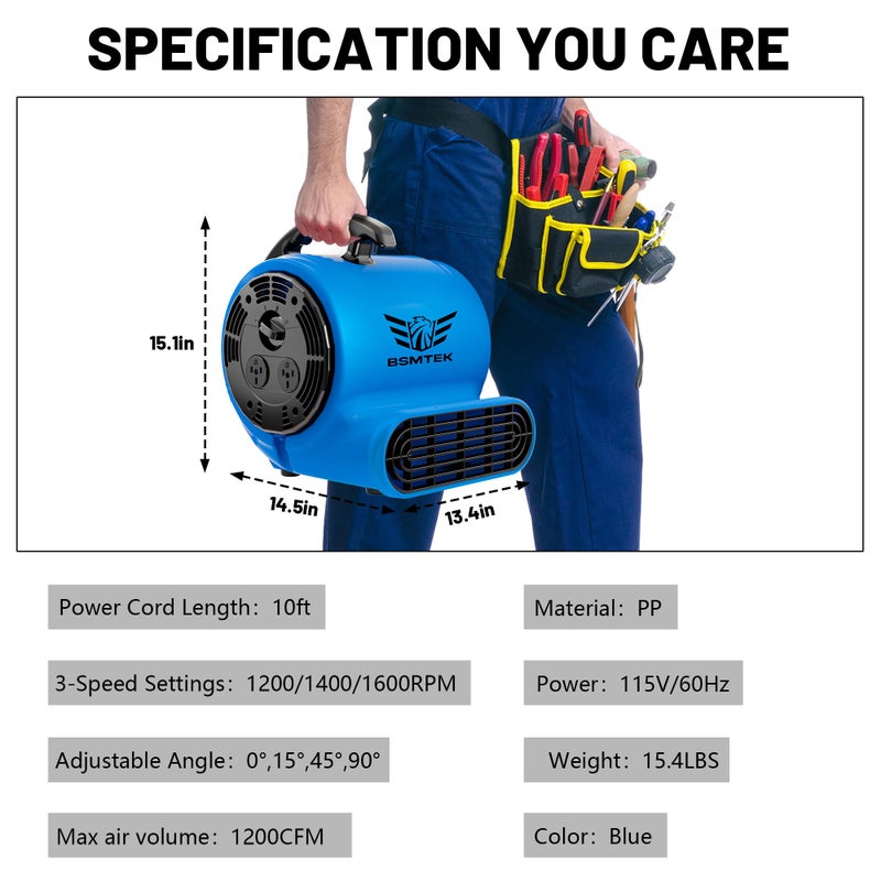 BSMTEK Air Mover Blower Fan, Industrial 1/3HP 1200CFM Monster Floor Blower Carpet Dryers - 3 Speeds Switch, 4 Adjustable Angles, 10FT Long Cord, Stackable - 2026 Upgraded - Image 2