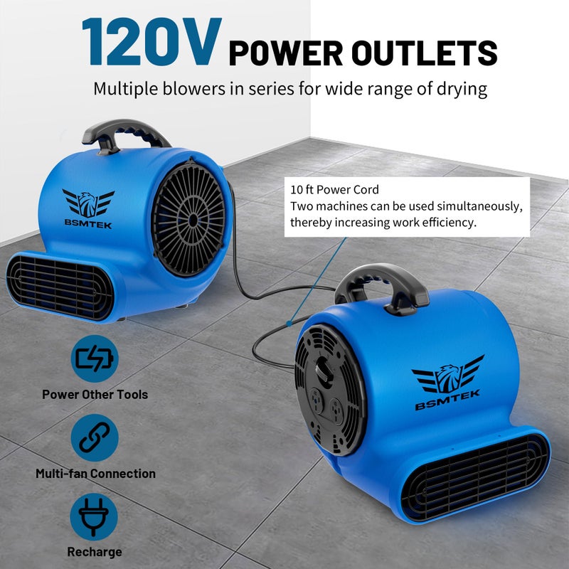 BSMTEK Air Mover Blower Fan, Industrial 1/3HP 1200CFM Monster Floor Blower Carpet Dryers - 3 Speeds Switch, 4 Adjustable Angles, 10FT Long Cord, Stackable - 2026 Upgraded - Image 4