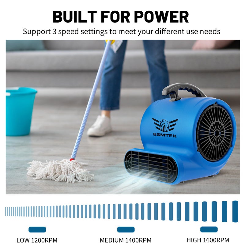 BSMTEK Air Mover Blower Fan, Industrial 1/3HP 1200CFM Monster Floor Blower Carpet Dryers - 3 Speeds Switch, 4 Adjustable Angles, 10FT Long Cord, Stackable - 2026 Upgraded - Image 3