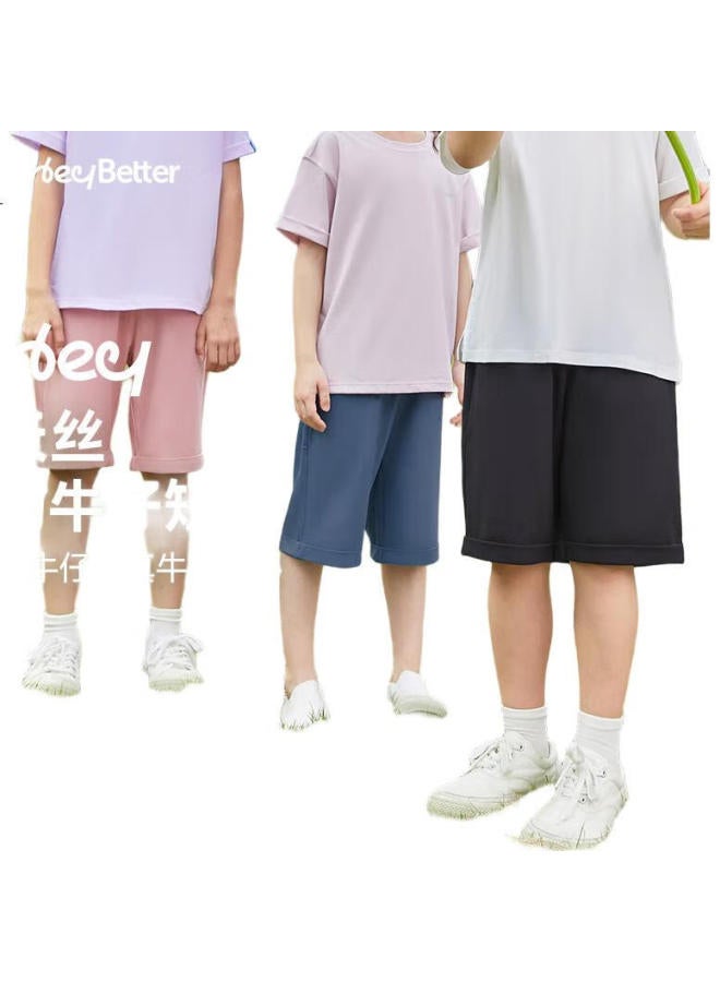 Heybetter Children'S Denim-Like Shorts, Moisture-Wicking Quick-Dry Soft Boys And Girls Sports Shorts, Starfish (Pink), Size 150 - Image 2